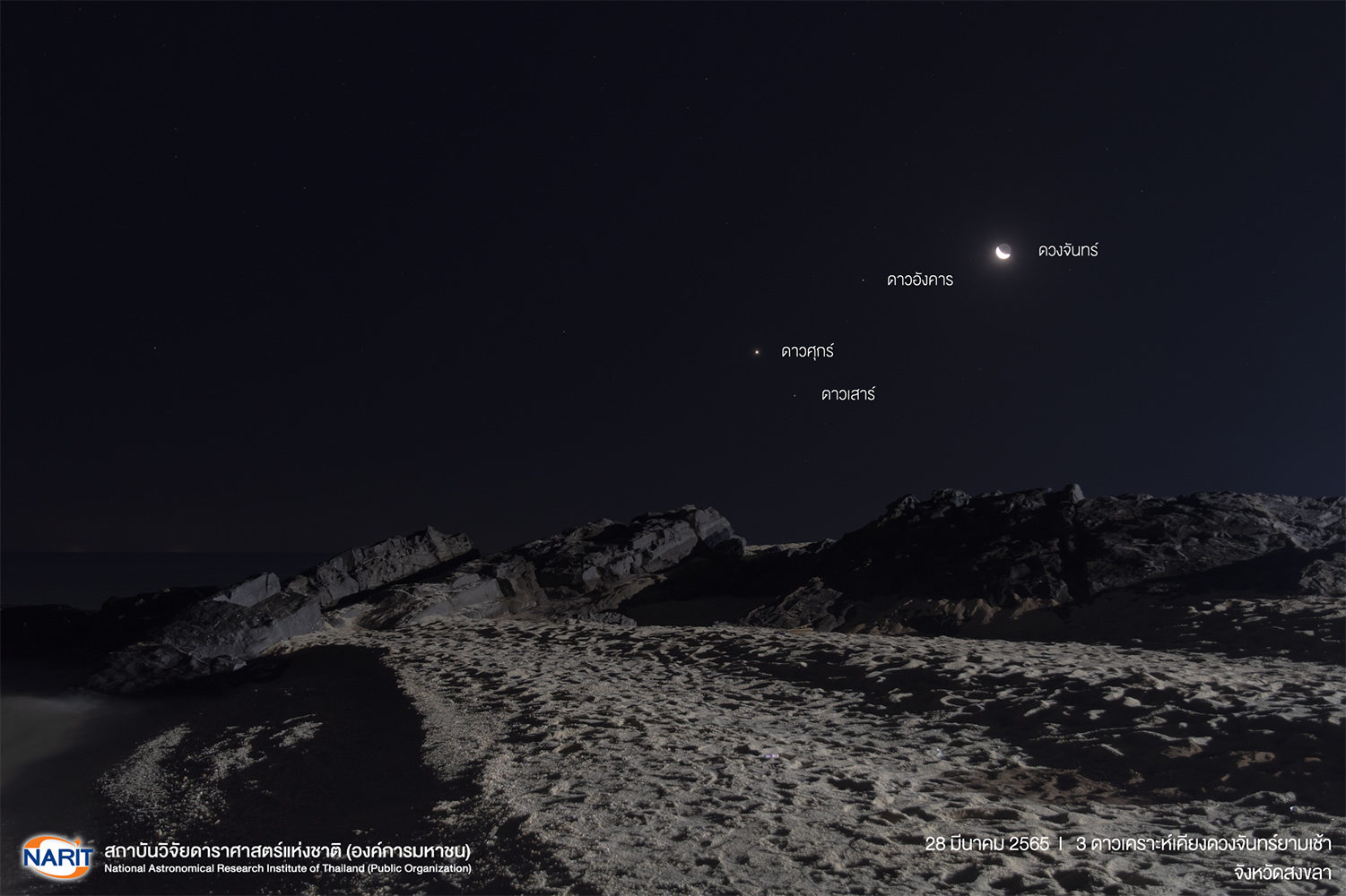 ภาพความสวยงาม 3 ดาวเคราะห์เคียงดวงจันทร์ร่วมทิศยามเช้า 28 มี.ค. 65