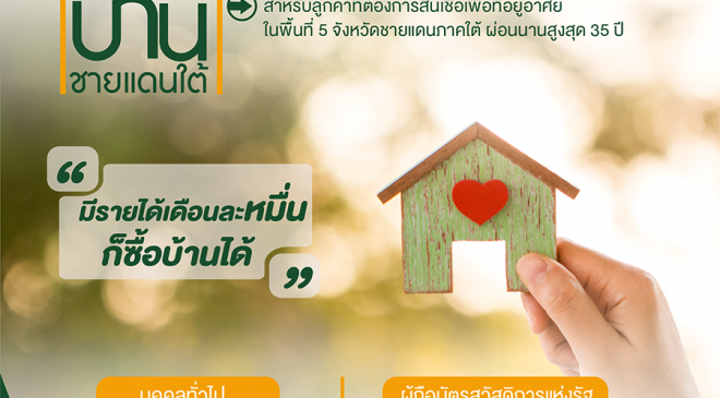 ไอแบงก์ หนุนชาวใต้ มีบ้านได้ง่ายขึ้น รายได้ 1 หมื่นต่อเดือน และ ผู้ถือบัตรสวัสดิการแห่งรัฐ ไม่กำหนดรายได้ขั้นต่ำ