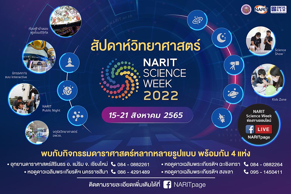 สดร. ชวนเที่ยวงานสัปดาห์วิทยาศาสตร์ “NARIT SCIENCE WEEK 2022” จัดใหญ่พร้อมกัน 4 ภูมิภาค 15 - 21 สิงหาคมนี้
