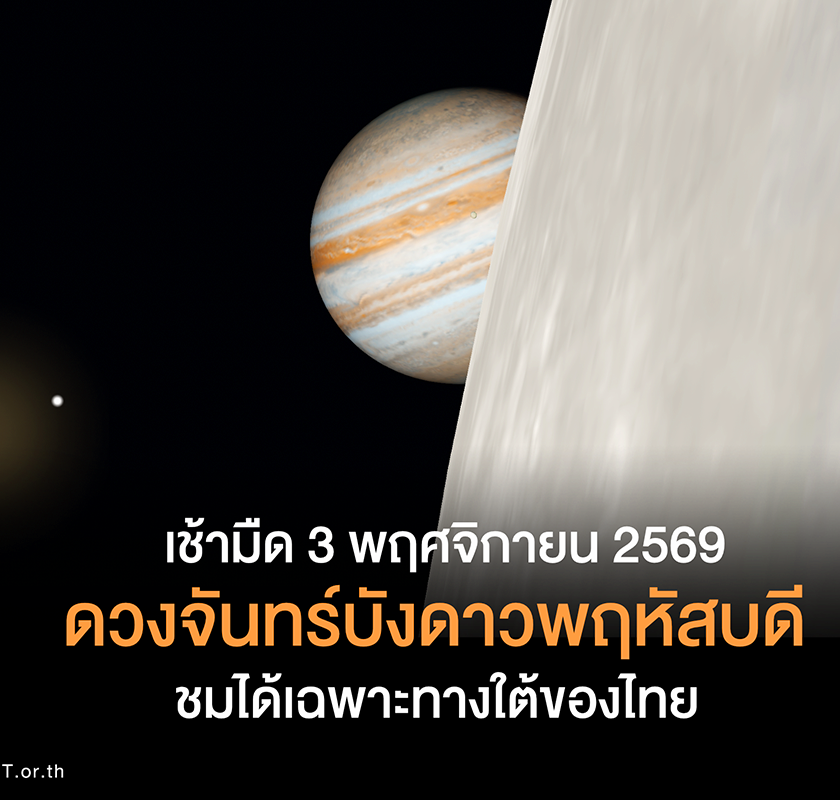 เช้ามืด 3 พฤศจิกายน 2569  ดวงจันทร์บังดาวพฤหัสบดี ชมได้เฉพาะทางใต้ของไทย
